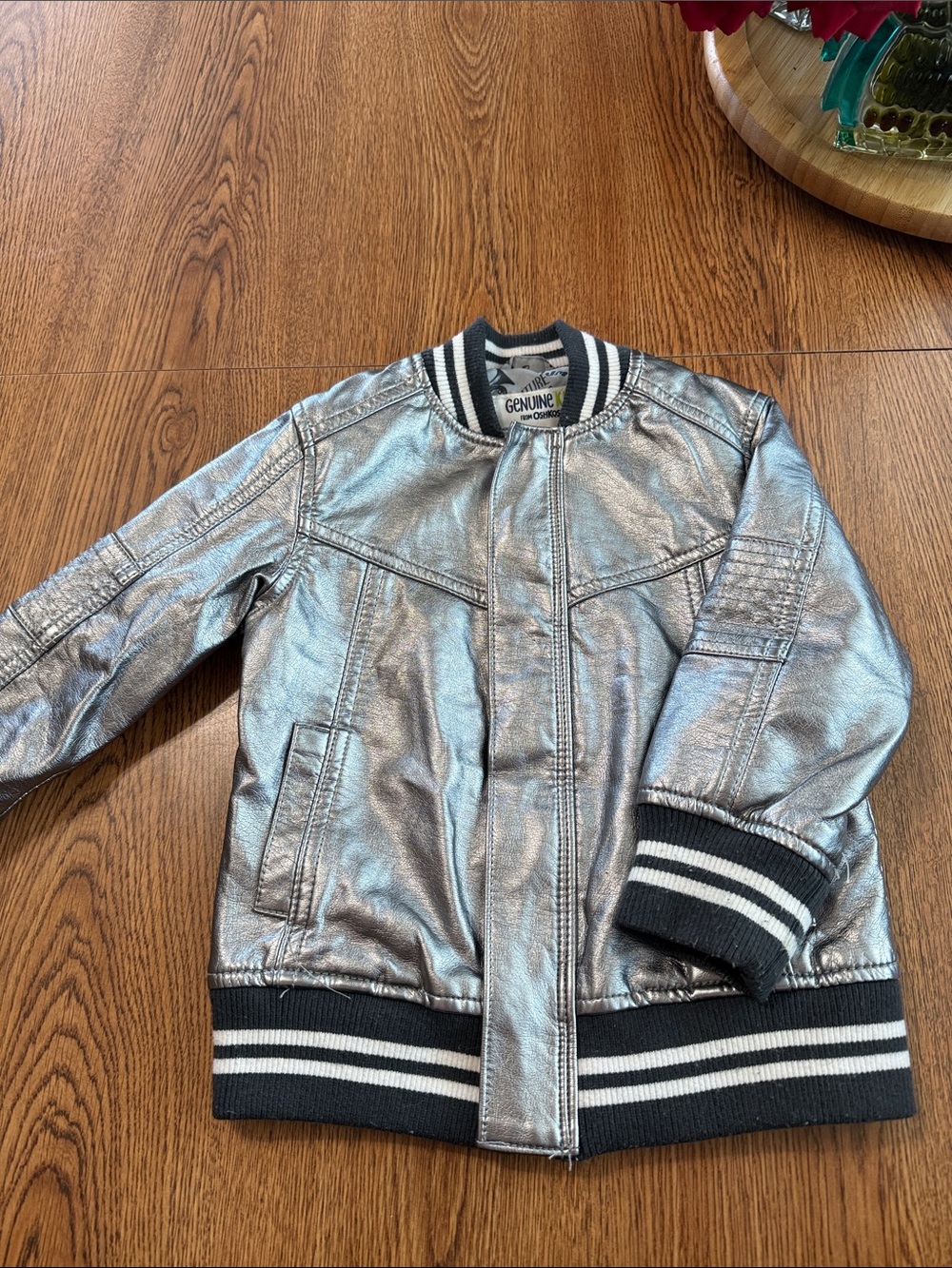OshKosh B'gosh Metallic Silver Bomber Jacket with Black & White Trim